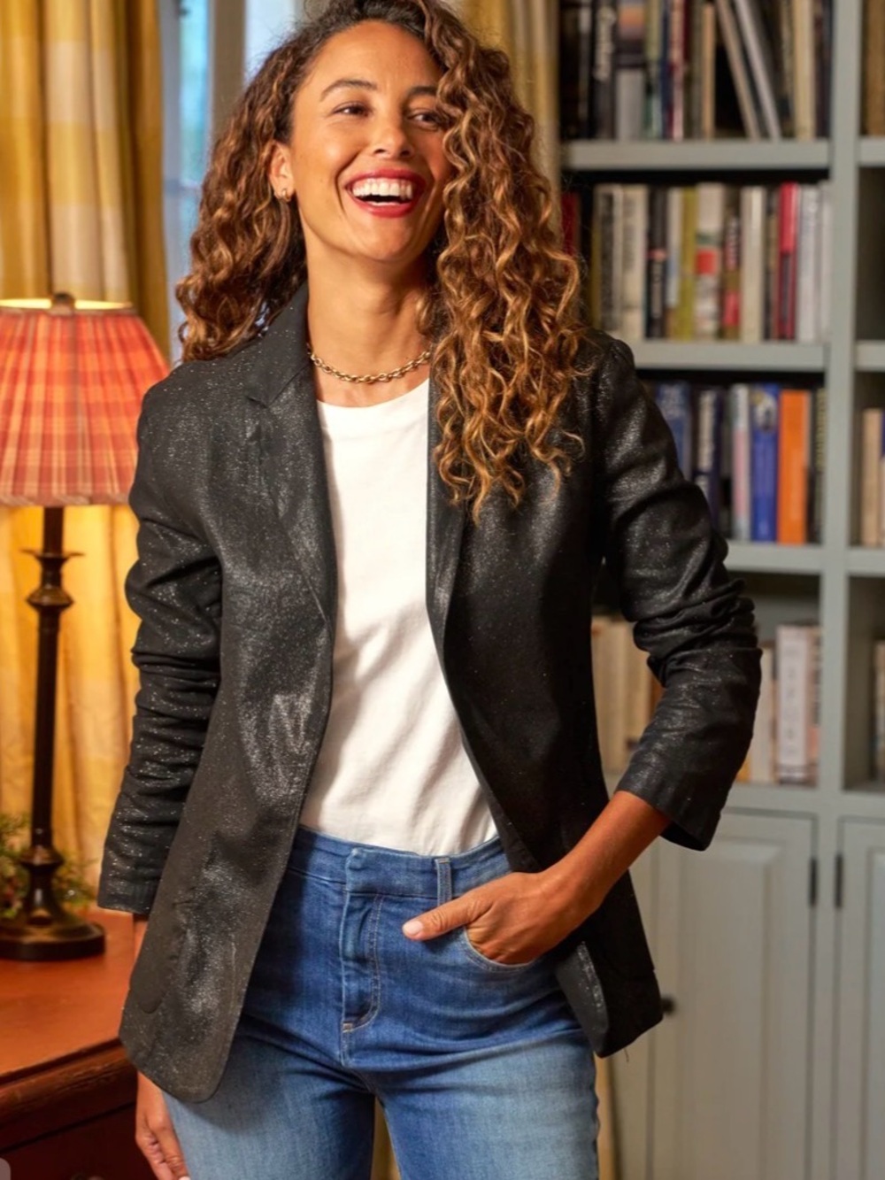 Frank & Eileen Dublin Tailored Blazer Black Gold Wax Coated Cotton Size Large